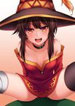  bandages bare_shoulders blush breasts cleavage collar hat healther kono_subarashii_sekai_ni_shukufuku_wo! long_hair looking_at_viewer megumin red_eyes short_hair small_breasts solo thighhighs witch_hat 