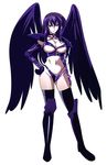  1girl amano_yuuma bikini black_bra black_hair black_panties black_wings bra breasts cleavage dominatrix fallen_angel female gloves high_school_dxd large_breasts long_hair purple_eyes raynare solo thighhighs thighs underboob underwear wings 