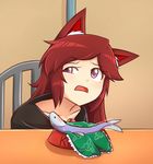  animal_ears blush bowl chair collarbone disgust imaizumi_kagerou in_bowl in_container looking_at_viewer meme open_mouth parody pet_bowl red_eyes red_hair sitting sweat touhou trembling uneven_eyes wakasagihime wakasagihime_(fish) wolf_ears wool_(miwol) 
