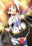  :d amami_haruka bad_id bad_pixiv_id blush boots brown_hair choker flower green_eyes hair_flower hair_ornament idolmaster idolmaster_(classic) idolmaster_movie knee_boots open_mouth short_hair skirt smile solo starpiece_memories thighhighs ume_(plumblossom) watermark web_address white_footwear 