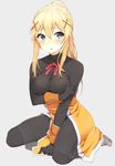  bad_id bad_pixiv_id bangs between_legs blonde_hair blue_eyes blush bodysuit bow breast_hold breasts breath collarbone darkness_(konosuba) eyebrows eyebrows_visible_through_hair full_body gloves grey_background hair_between_eyes hair_ornament hairclip hand_between_legs hand_on_own_arm highres kono_subarashii_sekai_ni_shukufuku_wo! large_breasts long_hair looking_to_the_side omochi_no_kimochi parted_lips ponytail red_bow red_ribbon ribbon see-through simple_background sitting skirt solo wariza wrist_cuffs x_hair_ornament 