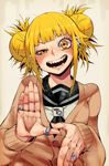  :d bangs blonde_hair boku_no_hero_academia cardigan commentary_request crazy_smile double_bun earrings fangs fingernails hand_gesture hands head_tilt jewelry looking_at_viewer messy_hair nail_polish open_mouth pink_nails ring sakurai_energy school_uniform serafuku sharp_teeth short_hair smile solo teeth thumb_ring toga_himiko uneven_eyes upper_body yellow_eyes 