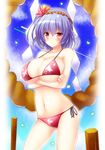  bikini blush breasts collarbone contrapposto cowboy_shot crossed_arms hair_ornament highres large_breasts looking_at_viewer navel osashin_(osada) pillar pink_eyes purple_hair red_bikini rope shimenawa side-tie_bikini solo standing swimsuit touhou underboob yasaka_kanako 