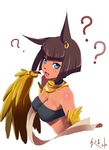  :d ? animal_ears bad_id bad_pixiv_id bandeau bangs bare_shoulders bell bell_choker black_hair blue_eyes blush bob_cut body_blush breasts choker cleavage collarbone cropped_torso dark_skin earrings eyebrows eyebrows_visible_through_hair fang feathered_wings from_side highres jewelry jingle_bell kagiyama_(gen'ei_no_hasha) looking_at_viewer looking_back medium_breasts monster_girl monster_musume_no_iru_nichijou monster_musume_no_iru_nichijou_online necklace nemes_(monster_musume) open_mouth parted_bangs ribbon shiny shiny_skin short_hair sideboob signature simple_background smile snout solo sphinx talons taut_clothes upper_body white_background winged_arms wings yellow_wings 