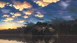  cloud duck dusk fireflies forest highres ladder lake lamppost mountain nature no_humans original outdoors poppo_sutchy revision scenery sky star_(sky) sunset tree treehouse water 