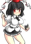  :p bad_anatomy black_hair blush bouncing_breasts breasts gaoo_(frpjx283) hat highres large_breasts microskirt naughty_face notebook pen pom_pom_(clothes) red_eyes shameimaru_aya skirt solo tokin_hat tongue tongue_out touhou 
