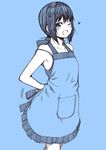  ;d alternate_costume apron bangs blue blue_background bow commentary_request fubuki_(kantai_collection) grin heart kantai_collection kouji_(campus_life) looking_at_viewer low_ponytail monochrome one_eye_closed open_mouth ponytail revision short_ponytail sketch smile solo strap_slip tying_apron 