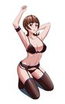  active_raid armpits arms_up bangs black_bra black_panties blunt_bangs blush bra breasts brown_hair brown_legwear flipped_hair full_body garter_belt hand_behind_head kazari_asami kneeling large_breasts looking_at_viewer navel no_shoes northman panties parted_lips purple_eyes short_hair simple_background solo stomach underwear underwear_only white_background 