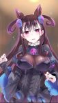  1girl bangs black_dress blurry blurry_background blush breasts commentary_request depth_of_field dress eyebrows_visible_through_hair fate/grand_order fate_(series) fingernails flying_sweatdrops hair_between_eyes hair_ornament head_tilt highres juliet_sleeves large_breasts long_sleeves looking_at_viewer murasaki_shikibu_(fate) parted_lips puffy_sleeves purple_eyes ribbon-trimmed_dress ribbon_trim sleeves_past_wrists solo sweat tears tomozero two_side_up wide_sleeves 