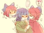  bad_id bad_pixiv_id banned_artist biting blue_hair bow cape closed_eyes disembodied_head ear_biting hair_bow hand_on_another's_shoulder head_fins japanese_clothes kimono kiss multiple_girls red_hair sekibanki short_hair touhou towako_(10wk0) translated wakasagihime yuri 