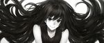  closed_mouth floating_hair greyscale head_tilt highres long_hair looking_at_viewer monochrome original portrait sakimori_(hououbds) sleeveless smile solo upper_body 