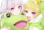  1girl :d animal_costume blonde_hair crown frog_costume idolmaster idolmaster_(classic) idolmaster_side-m kaerre mascot_head open_mouth otoko_no_ko pierre_(idolmaster) purple_eyes red_eyes shijou_takane smile white_hair yuyu_(yuyurhythm) 