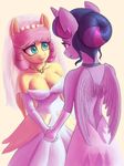  2016 anthro anthrofied breasts cleavage clothed clothing dress duo equine eye_contact feathered_wings feathers female fluttershy_(mlp) friendship_is_magic hair hand_holding horn jewelry mammal my_little_pony necklace obsidianlit pegasus pink_hair purple_eyes smile twilight_sparkle_(mlp) wedding_dress winged_unicorn wings 