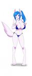  2015 anthro big_breasts bikini blue_eyes blue_hair blush breasts canine clothed clothing female fur hair huge_breasts linhthasack mammal nipple_slip nipples simple_background skimpy solo standing swimsuit white_background white_fur wolf 