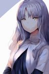  artist_name brown_eyes caren_hortensia closed_mouth dress eyebrows eyebrows_visible_through_hair fate/hollow_ataraxia fate_(series) hews_hack long_hair long_sleeves pale_skin short_over_long_sleeves short_sleeves silver_hair smile solo sunlight sweater tsurime upper_body very_long_hair wavy_hair white_dress 