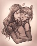  artist_name asami_sato avatar_(series) bare_shoulders cheek_kiss closed_eyes commentary couple elbow_gloves fingerless_gloves gloves hair_tubes hug iahfy imminent_kiss kiss korra lipstick long_hair makeup monochrome multiple_girls one_eye_closed ponytail smile the_legend_of_korra yuri 