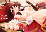  :d alcohol armpits bare_shoulders belly blurry blush bottle bow breasts brown_eyes brown_hair covered_nipples cup day depth_of_field dripping drunk floral_print frilled_bow frills hair_bow hair_tubes hakurei_reimu holding holding_bottle indoors large_breasts looking_at_viewer lying messy nose_blush on_back open_clothes open_mouth open_skirt porurin red_bow red_skirt sakazuki sake see-through shiny shiny_skin sideboob sidelocks skirt smile solo stomach sunlight touhou wakamezake wet wet_clothes wide_hips wooden_floor 