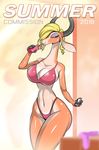  2016 antelope anthro antlers beverage big_breasts bikini blonde_hair breasts cellphone cleavage clothed clothing disney english_text female food gazelle gazelle_(zootopia) hair half-closed_eyes horn kabutoro makeup mammal phone smile soda solo swimsuit text zootopia 