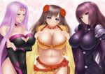  blue_eyes bodysuit breast_suppress breasts cleavage covered_navel fate/grand_order fate/stay_night fate_(series) glasses hair_ornament large_breasts long_hair masatoki mata_hari_(fate/grand_order) multiple_girls navel purple_eyes purple_hair rider scathach_(fate)_(all) scathach_(fate/grand_order) very_long_hair 