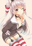  &gt;:) ;) amatsukaze_(kantai_collection) beige_background black_hat blue_hair blush body_mahattaya_ginga brown_eyes brown_shirt buttons choker closed_mouth collarbone eyebrows eyebrows_visible_through_hair flat_chest garter_straps gloves gradient_hair grey_neckwear grey_ribbon hair_tubes hairband hand_on_own_cheek hat kantai_collection long_hair long_sleeves mini_hat multicolored_hair neckerchief no_bra one_eye_closed sailor_collar school_uniform see-through serafuku shirt silver_hair simple_background single_glove smile solo striped striped_legwear thigh_strap thighhighs two_side_up undone_neckerchief untied v-shaped_eyebrows very_long_hair white_gloves 