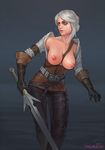  1girl areola big_breasts breasts breasts_outside ciri exposed_breasts eye_scar female female_only gloves large_breasts long_hair mavezar nipples scar solo sword the_witcher the_witcher_3 weapon white_hair 