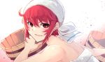  1girl bucket fire_emblem fire_emblem_heroes fire_emblem_if highres hinoka_(fire_emblem_if) nakabayashi_zun naked_towel nintendo parted_lips red_eyes red_hair short_hair simple_background solo towel towel_on_head wooden_bucket 