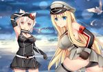  :o albino animal armband arms_up ass bangs belt bird bismarck_(kantai_collection) bismarck_(zhan_jian_shao_nyu) black_dress black_gloves black_panties blonde_hair blue_eyes blue_sky breasts buckle chain chestnut_mouth cleavage clenched_hand cloud cowboy_shot crossover day double-breasted dress eyebrows eyebrows_visible_through_hair frills gloves grey_legwear hair_between_eyes hat highres iron_cross jyt kantai_collection large_breasts long_hair looking_at_viewer looking_back medium_breasts military military_hat military_uniform multiple_girls namesake ocean orange_eyes outdoors panties parted_lips peaked_cap pointy_hair red_eyes remodel_(zhan_jian_shao_nyu) seagull short_hair silver_hair sky sleeveless sleeveless_dress thighhighs underwear uniform upskirt very_long_hair zhan_jian_shao_nyu 