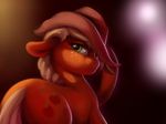  2016 abstract_background applejack_(mlp) blonde_hair cowboy_hat cutie_mark earth_pony equine female feral freckles friendship_is_magic frown fur green_eyes hair hat hi_res horse looking_at_viewer looking_back mammal my_little_pony orange_fur pony solo verulence 