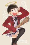  :d baseball_bat black_hair black_legwear bokusatsu_tenshi_dokuro-chan catchphrase cosplay crossdressing drawn_wings halo looking_at_viewer male_focus matsuno_juushimatsu mitsukai_dokuro mitsukai_dokuro_(cosplay) nail nail_bat open_mouth osomatsu-san school_uniform simple_background skirt sleeves_past_wrists smile standing standing_on_one_leg thighhighs trait_connection translated usameruti weapon_connection 