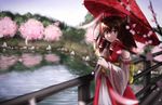  :d artist_name bare_shoulders blue_sky blurry bow branch bridge brown_eyes brown_hair cherry_blossoms day depth_of_field detached_sleeves floral_print hair_between_eyes hair_bow hair_tubes hakurei_reimu koi-nano lake light_smile lipstick long_hair long_sleeves looking_at_viewer makeup obi open_mouth outdoors parasol parted_lips pink_lips plant railing red_bow red_hair red_umbrella reflection ribbon-trimmed_sleeves ribbon_trim sash shore sidelocks signature sky smile solo sparkle spring_(season) sunlight tareme touhou tree tree_branch umbrella water yellow_bow 