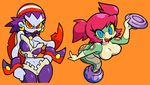  2girls ass bandanna blue_eyes breasts cleavage clothed clothing fangs female hair lamia looking_at_viewer monster_girl multiple_girls navel red_eyes red_hair reptile risky_boots scalie shantae shantae_(series) shenanimation snake tuki tuki_(shantae) wayforward wide_hips yellow_sclera 