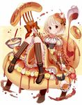  banana_slice blonde_hair bowl brown_eyes cherry commentary_request food food_themed_clothes fork fruit givuchoko hair_ornament highres juliet_sleeves licking long_sleeves looking_at_viewer mixing_bowl morinaga_(brand) original pancake personification puffy_sleeves revision shirt short_hair sitting skirt smile solo syrup whipped_cream whisk 