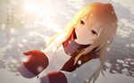  aisaka_taiga bangs blonde_hair closed_mouth commentary_request dappled_sunlight dutch_angle from_above hair_between_eyes highres lens_flare long_hair long_sleeves mittens motion_blur outdoors scarf shade smile snow snowing solo sunlight toradora! translation_request upper_body wallpaper winter winter_clothes yellow_eyes yijian_ma 
