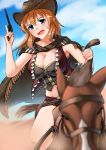  1girl blue_eyes blush breasts brown_hair charlotte_e_yeager cleavage cloud cloudy_sky cowboy_hat gun hat highres hiroshi_(hunter-of-kct) horse large_breasts looking_at_viewer midriff navel open_mouth poncho riding shiny shiny_clothes shiny_hair shiny_skin short_shorts shorts sky smile solo strike_witches teeth tongue weapon world_witches_series 