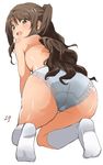  ass brown_eyes brown_hair convenient_arm idolmaster idolmaster_cinderella_girls kneeling long_hair looking_back one_side_up panties shift_(waage) shimamura_uzuki simple_background solo topless underwear white_legwear white_panties 