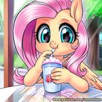  2016 anthro anthrofied cute drinking equine female fluttershy_(mlp) friendship_is_magic hair long_hair looking_at_viewer mammal milkshake my_little_pony pegasus pink_hair racoon-kun sitting solo wings young 