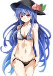  bikini bikini_pull blue_hair breasts cleavage collarbone e.o. food fruit hat highres hinanawi_tenshi long_hair looking_at_viewer navel peach red_eyes small_breasts solo strap_pull swimsuit touhou undressing very_long_hair 