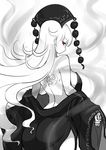  ass bare_back bare_shoulders breasts chinese_clothes crescent energy greyscale hat highres junko_(touhou) large_breasts long_hair long_sleeves looking_at_viewer monochrome pointy_ears raptor7 red_eyes sideboob solo spot_color tassel tattoo touhou undressing very_long_hair wide_sleeves 