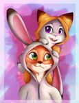  2016 abstract_background anthro artist-apprentice587 border buckteeth clothing cute disney fangs female fur fursuit judy_hopps lagomorph long_ears looking_at_viewer looking_back male mammal nick_wilde orange_fur purple_eyes rabbit smile teeth zootopia 