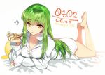  ass beamed_eighth_notes breasts c.c. cheese_trail cleavage code_geass creayus eating food full_body green_hair holding_pizza long_hair medium_breasts musical_note naked_shirt pizza shirt smile solo yellow_eyes 