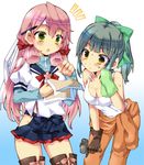  akashi_(kantai_collection) bangs bare_hips bare_shoulders bow breasts cleavage gloves green_eyes grey_hair groin hair_bow hammer hand_on_own_knee headband hip_vent kantai_collection leaning_forward long_hair medium_breasts multiple_girls open_mouth pen pink_hair ponytail school_uniform serafuku skirt tank_top thighhighs towel yoroi_nau yuubari_(kantai_collection) zettai_ryouiki 