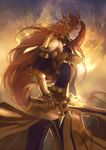  armor bikini_armor bodysuit cloud cowter fire gauntlets itidonido league_of_legends leona_(league_of_legends) lips long_hair orange_hair pauldrons serious shield skin_tight skirt solo sword very_long_hair weapon 