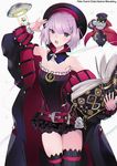  :o beret black_legwear blush book breasts cape character_name colonel_olcott_(fate/grand_order) copyright_name cowboy_shot creature fate/grand_order fate_(series) grimoire hat helena_blavatsky_(fate/grand_order) holding holding_book ketsuopolis looking_at_viewer open_book open_mouth pink_hair purple_eyes purple_hair saint_quartz salute short_hair simple_background small_breasts solo_focus thighhighs tree_of_life ufo white_background 