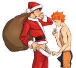 2boys bludwing blush christmas costume haikyuu!! hinata_shouyou kageyama_tobio multiple_boys naughty_face penis sexually_suggestive topless undressing yaoi 