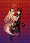 androgynous animal_ears argyle argyle_background black_legwear blue_eyes breasts cat_ears cat_tail fox_ears fox_tail glasses goshiki highres large_breasts long_hair looking_back necktie red_eyes smile tail thighhighs 