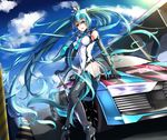  absurdly_long_hair aqua_hair audi_r8 black_footwear black_legwear boots closed_umbrella cloud covered_navel day elbow_gloves full_body gloves goodsmile_company goodsmile_racing green_eyes hatsune_miku high_heels highres leotard long_hair looking_at_viewer necktie open_mouth race_queen racecar racing_miku racing_miku_(2013) ryuuzouji_usagi sitting sky solo thigh_boots thighhighs twintails umbrella very_long_hair vocaloid 