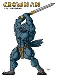  2016 abs anthro avian beak behold_my_girth biceps big_muscles bird blue_feathers clothing conan_the_barbarian corvid crow english_text feathers hyper hyper_muscles loincloth male melee_weapon muscular muscular_male pecs pose red_eyes simple_background solo standing sword talons text weapon white_background 