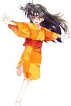  :d ahma barefoot black_hair brown_eyes checkered checkered_kimono hair_between_eyes highres inuyasha japanese_clothes kimono leg_lift long_hair open_mouth orange_kimono outstretched_arms red_ribbon ribbon rin_(inuyasha) running short_sidetail simple_background smile solo spread_arms very_long_hair white_background wide_sleeves yukata 