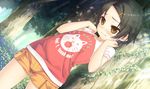  black_hair blush brown_eyes clothes_writing cura dutch_angle english fang_out game_cg hair_ornament hairclip highres maitetsu minokasa_nagi nature non-web_source nose_blush outdoors raglan_sleeves short_hair short_sleeves shorts solo tears wavy_mouth 