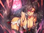  all_fours animal_ears ass bare_shoulders black_hair breasts brooch cleavage clenched_teeth full_moon fur hanging_breasts heavy_breathing highres imaizumi_kagerou jewelry large_breasts long_hair looking_at_viewer melon22 moon red_eyes red_moon solo tail teeth torn_clothes touhou transformation tsurime wolf_ears wolf_tail 